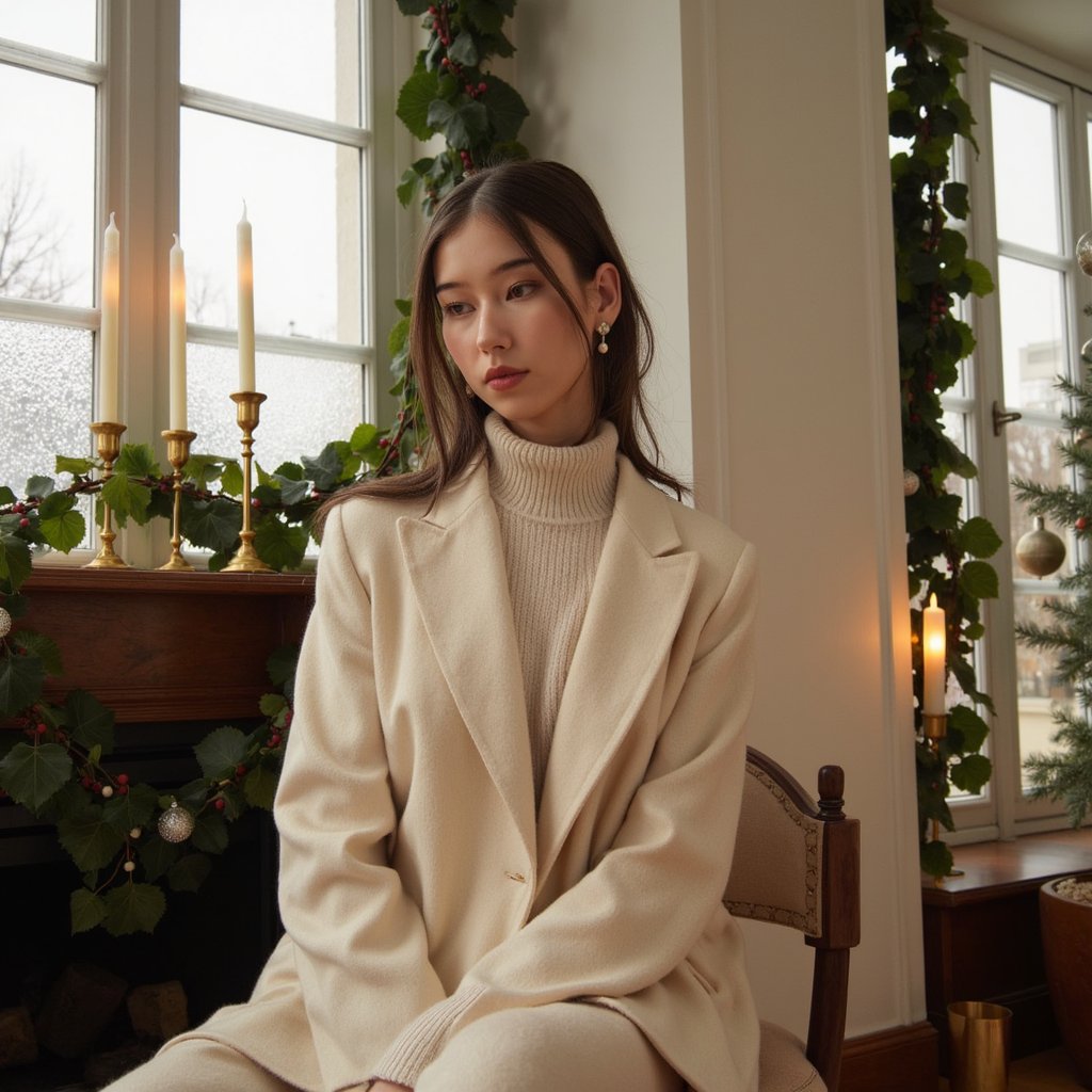A woman seated beside tall frosted glass windows framed by ivy garlands, bathed in gentle winter sunlight. Hairstyle: loose, natural waves tucked behind ears. Attire: cream cashmere sweater with a ribbed high collar; gold hoop earrings. Fabric details: cashmere fuzz detail, rib texture, subtle weave. Camera: eye-level, 85mm, f/1.8. Lighting: soft morning light key with faint back rim from window glow. Background: blurred greenery and pale sky through glass; minimal clutter, calm and airy. Pose: gazing down slightly, serene expression, hands out of frame.
Render: highly detailed, highly realistic, HDR; delicate hair flyaways, natural skin tone, tactile knit detail.
