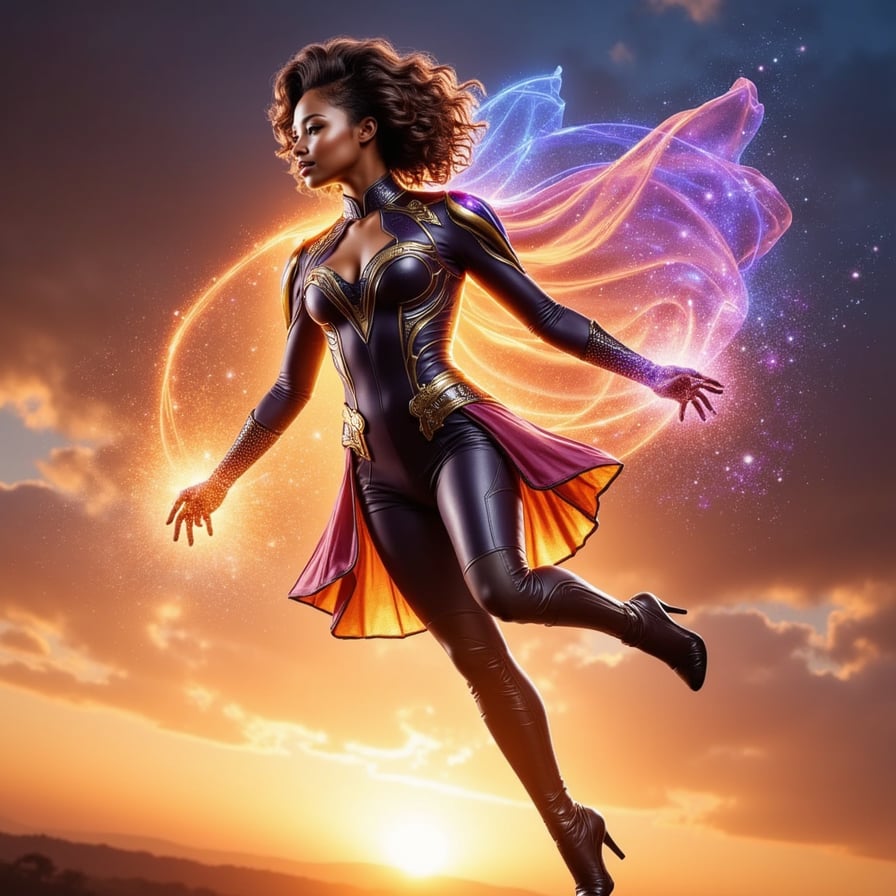 Stylish female hero channeling cosmic power, dynamic pose mid-leap, galaxy swirling in her cape, metallic armor with gold-infused circuitry, blazing horizon, Marvel comic-to-film realism