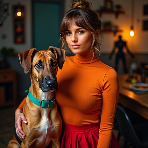 Woman dressed up like Velma from Scooby-Doo in a seductive Halloween costume. Wearing signature orange turtleneck sweater and red pleated skirt, with a form-fitting, stylish twist to accentuate her curves. Wearing spectacles (MAKE SURE TO NOT MISS THE SPECTACLES), giving her a smart yet alluring look, and a slightly tousled hairstyle for a playful charm. Halloween theme setting with subtle spooky details in the background, such as cobwebs, pumpkins, or dark lighting.

Posing with her dog, Great Dane breed, brown with black spots and sea green collar, who resembles Scooby Doo itself