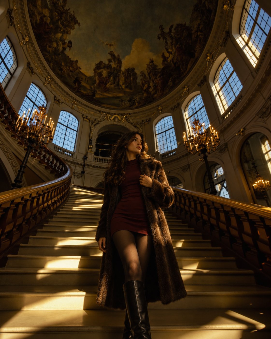 European fashion editorial on a Baroque staircase