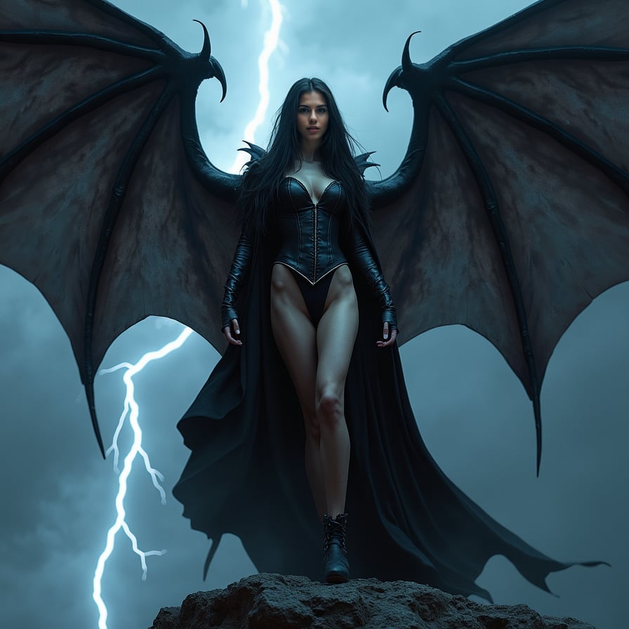 Depict a powerful vampire woman with large, leathery bat wings standing on the edge of a cliff under a stormy night sky. She has long, flowing black hair, wears a fitted, black medieval-style corset, and her gaze is intense. Lightning illuminates the storm clouds behind her, adding drama to the scene. Her wings are spread wide, and she looks as though she’s about to take flight.