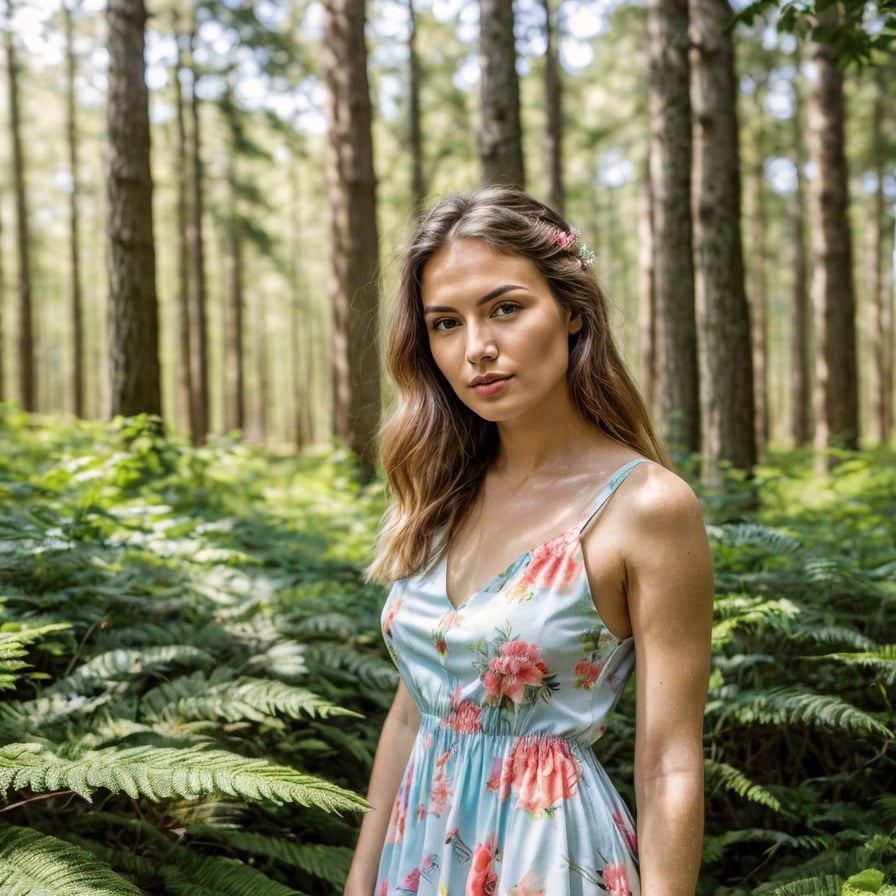 Energetic tropical adventurer, rainforest backdrop, lush greenery, and waterfalls.