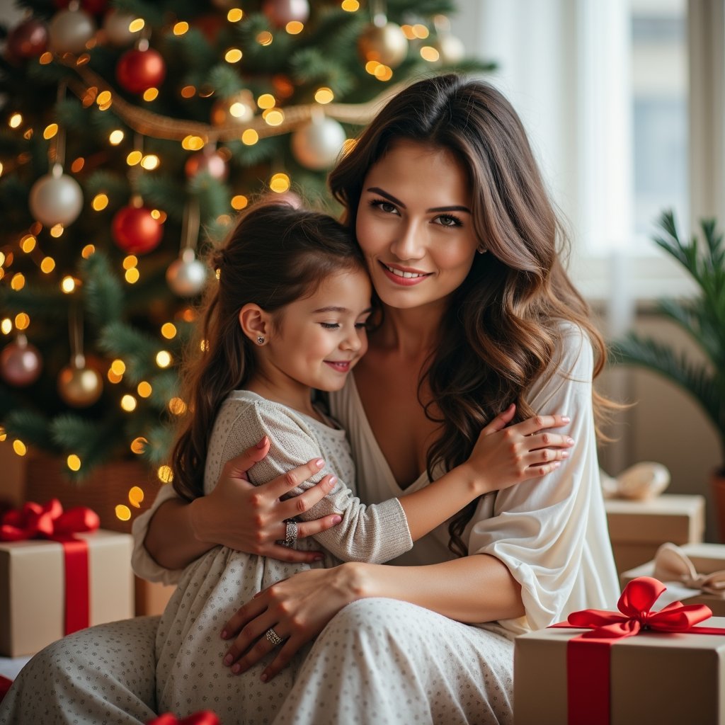 woman with a heartwarming smile, surrounded by thoughtful gifts, sharing warm hugs and gratitude with loved ones, soft natural lighting, cozy indoor setting with a subtle background blur.