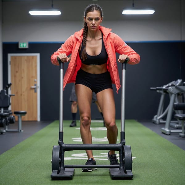 Woman driving a weighted sled down a narrow indoor turf lane; braided ponytail, determined neutral expression; wearing a lightweight coral windbreaker (matte ripstop), black compression shorts, knit mesh trainers; neutral closed grips on the sled’s high poles (no finger interlacing), elbows slightly bent, torso inclined; low three-quarter front angle from turf height, 35mm full-frame, f/2.8, 1/1000, ISO 1250 to freeze motion; overhead high-CRI LED panels as key with a cool rim from an open bay door; background: numbered hash marks on green turf and a plain matte wall softly blurred—minimal clutter, no visible text; crisp micro-details: powder-coated pole texture, plate scuffs, fabric weave, subtle sweat on temples; highly detailed, highly realistic, HDR, no watermark.