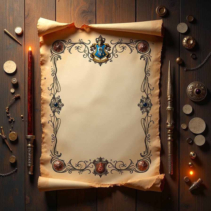 A parchment-style invitation with aged, textured paper. Include intricate borders featuring magical symbols like wands, cauldrons, and Hogwarts house crests. The text should appear handwritten, surrounded by subtle glowing spell effects for an authentic wizarding feel.
