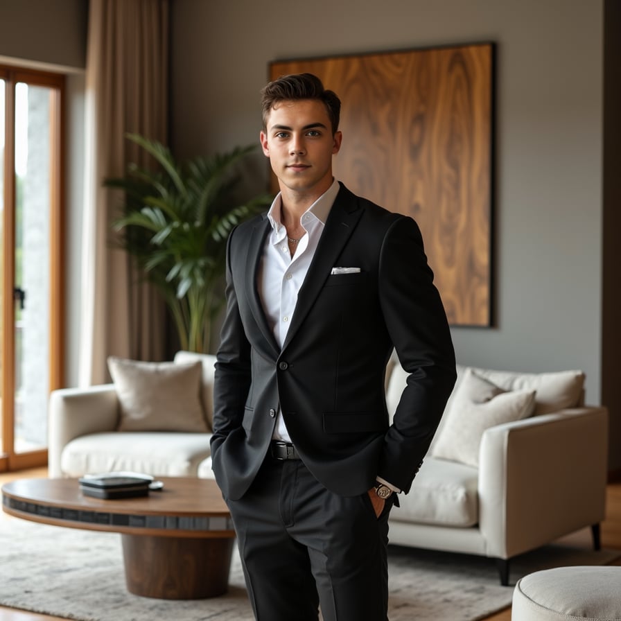 Stylish man in suit, luxury villa, Instagram-ready photo.
