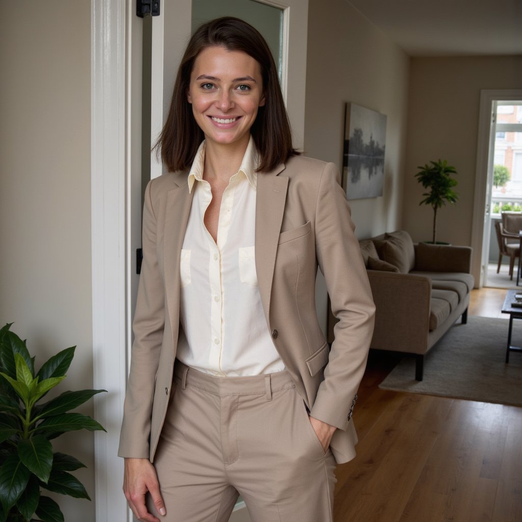 Highly detailed, highly realistic HDR portrait of a woman real estate agent in a beige gabardine pantsuit with an ivory silk blouse; shoulder-length hair styled in a polished blowout. Camera: 24mm lens, f/4, ISO 250, full-body shot from doorway, slightly wide angle. Lighting: daylight from large living room windows as key, bounced flash fill for balance; natural soft floor shadows. Pose: standing near entryway, one hand gesturing to bright open space, warm inviting smile. Background: staged modern living room with sofa and plants, softly blurred, minimal clutter.