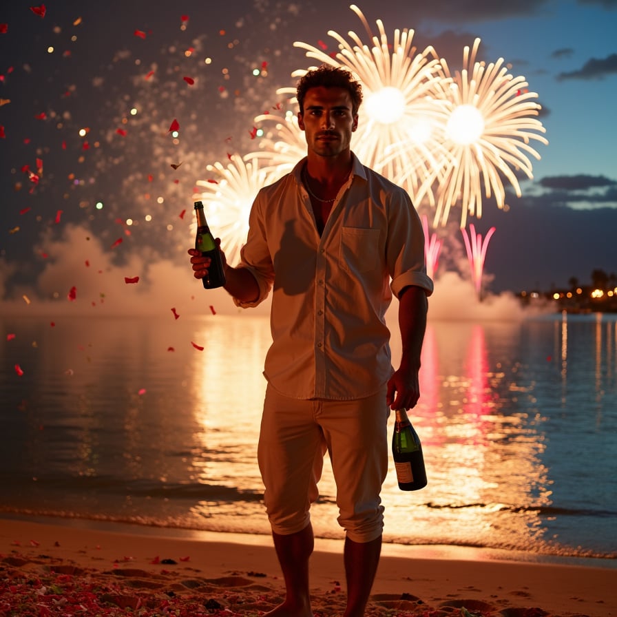 A relaxed man in a linen shirt and rolled-up pants, standing barefoot on the beach with fireworks reflecting on the water behind him, facing the camera with a peaceful smile