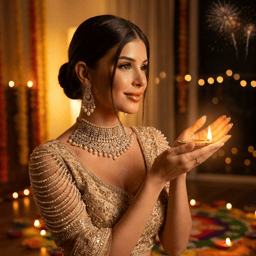 Create Diwali AI images with festive lighting, traditional outfits, celebration scenes, and rich seasonal color.