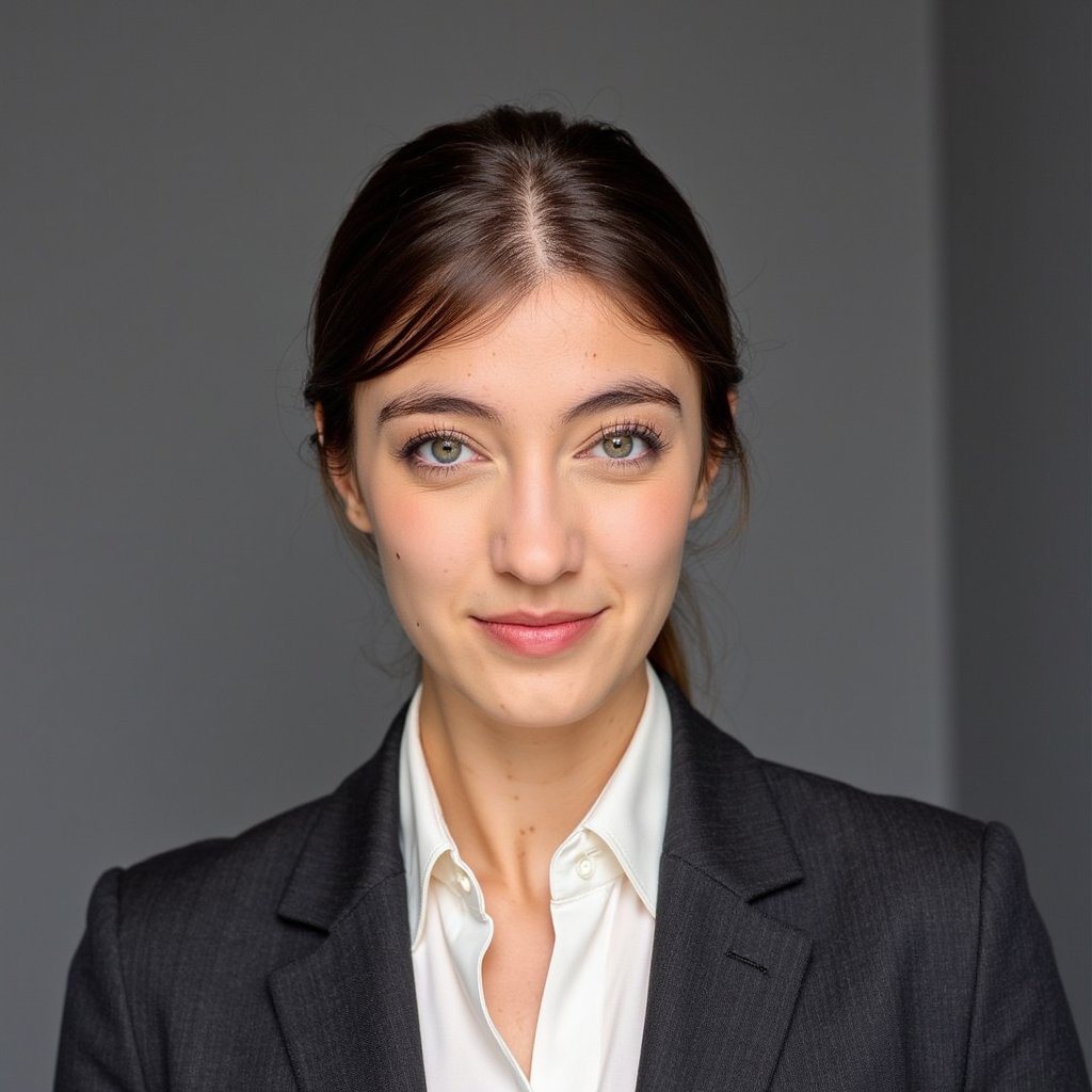 Highly detailed, highly realistic, HDR portrait of a woman executive with a sleek low bun and center part; charcoal wool blazer layered over a soft ivory silk blouse; fabric texture visible in folds. Camera: 85mm lens, f/2.0, ISO 200, eye-level, chest-up framing. Lighting: large octabox key at 45° camera left, subtle reflector fill from camera right, faint rim light separating hair from backdrop; natural shadow falls right. Pose: shoulders angled 30° from lens, chin slightly raised, subtle confident smile. Background: smooth slate gray gradient, softly blurred, no clutter.