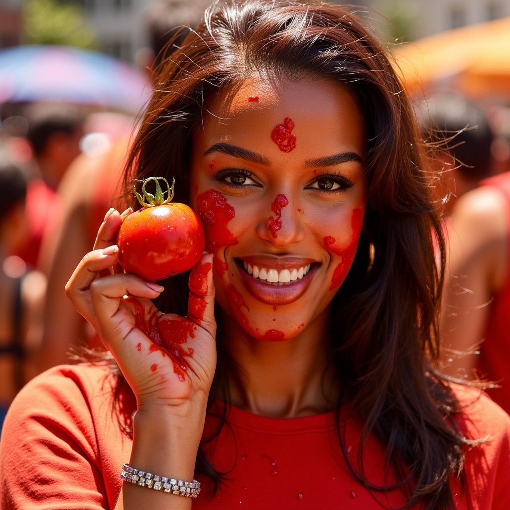 Portrait of a woman holding a crushed tomato up to the camera, cheek stained with pulp, smiling boldly, colorful La Tomatina energy