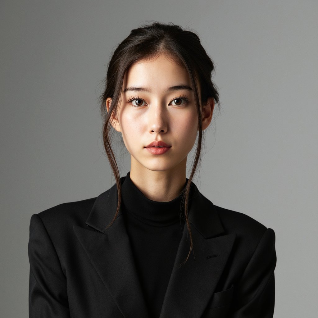 A highly realistic passport photo of a young woman, framed in a waist-up shot. She wears a tailored black blazer with a high-collared blouse, emphasizing a clean, polished look. Her hair is styled in a simple, neat updo, with a few loose strands framing her face. The lighting is soft and even, with a slight light falloff at the edges to create depth. The background is a soft gray with a minimal blur, ensuring the subject remains the focal point. The image is captured at eye level, with the camera slightly to the left, capturing her from a slight angle while maintaining a neutral, professional expression. The fabric of her blouse and jacket are highly detailed, with subtle texture visible. The shot is HDR for perfect clarity, showcasing her detailed features and clothing.dil