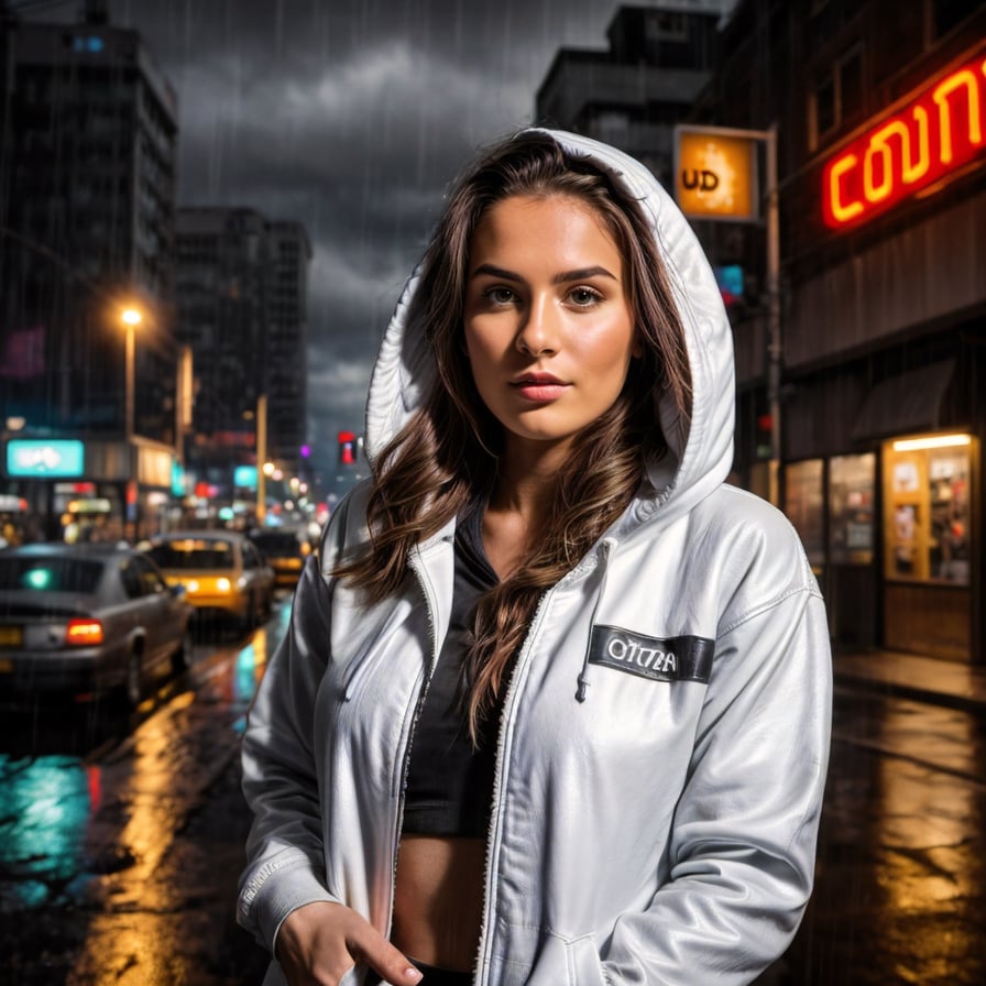 woman in dark hoodie, intense gaze, typing on computer in dimly lit room, screens aglow with code