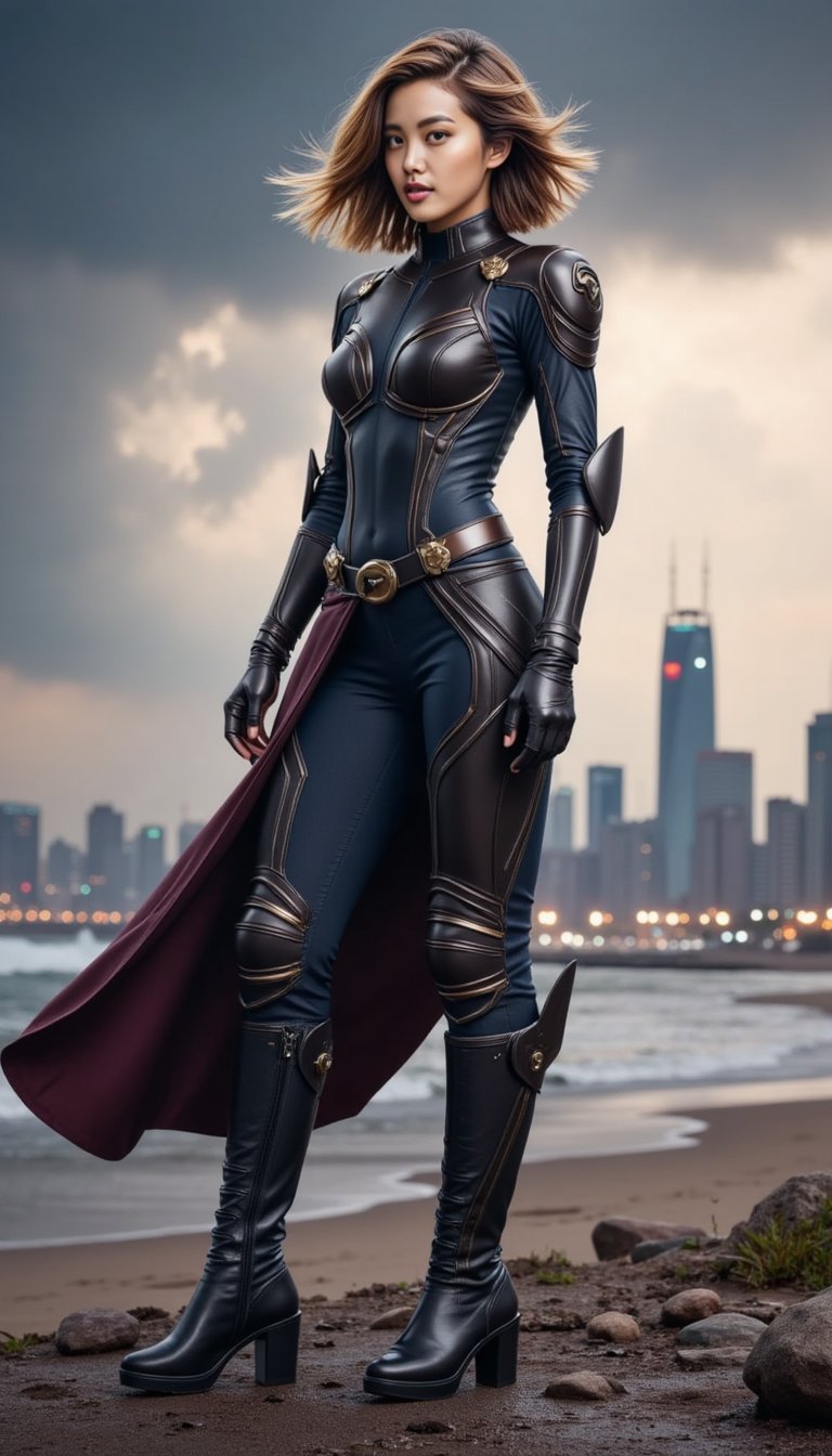 A next-gen superhero stands tall against a stormy skyline, cape fluttering slightly in the wind, jaw set with resolve. Their outfit is minimal yet high-concept, blending armor with utility. The shot is wide-angled and dramatic, evoking Marvel-style poster imagery.
