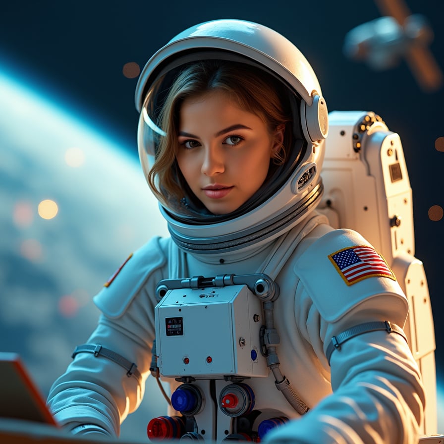 woman in a sleek white spacesuit, surrounded by futuristic tools and machinery, constructing a space base on a distant planet, under the soft glow of LED lights and starry night sky