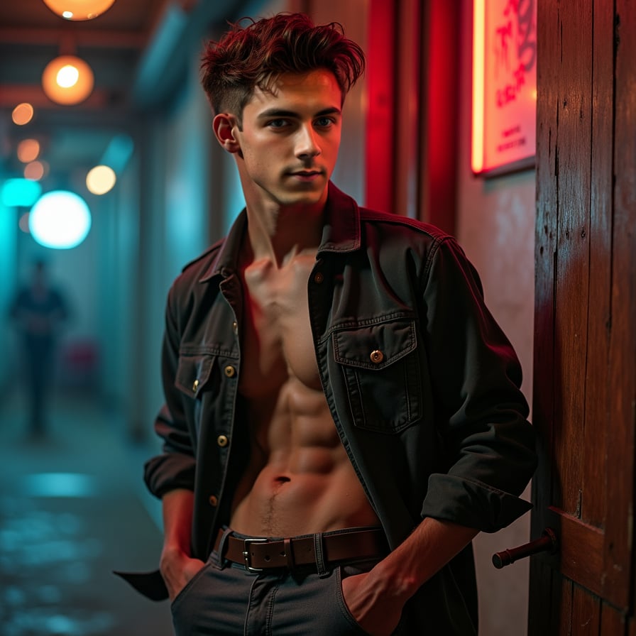 man that highlights his unique style and aesthetic. He is wearing a casual yet trendy outfit, with soft tones and dynamic lighting adding depth. The look should be expressive and appealing, reflecting individuality and approachability