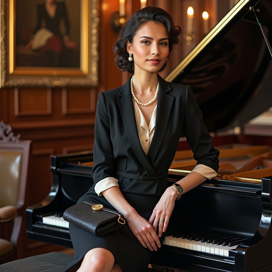 woman seated at a grand piano or near a gilded mirror. She is styled in a 1920s or 1940s-inspired dress, with her hair in soft curls or a classic updo. The atmosphere should be luxurious, with soft, warm lighting accentuating the scene's sophistication