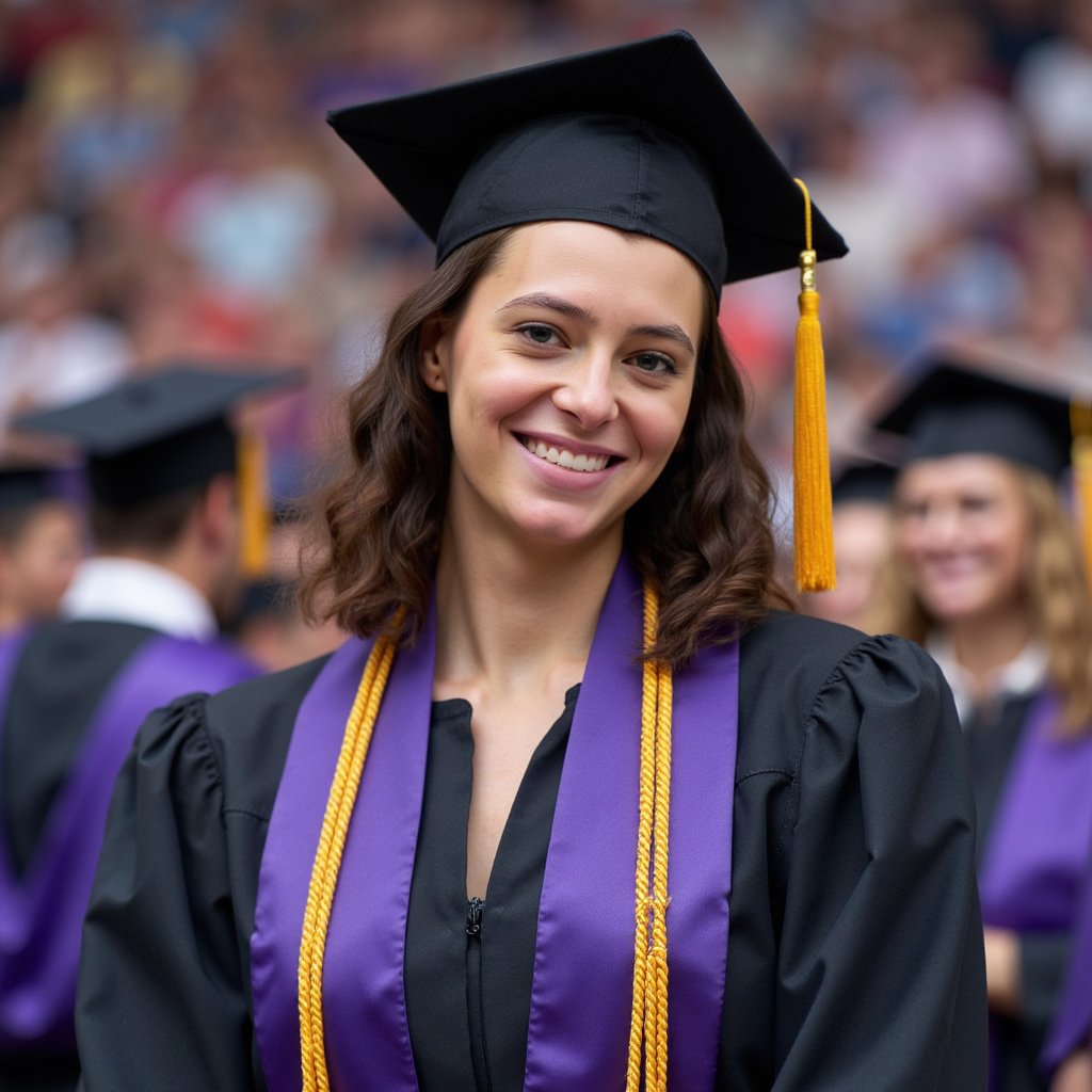 Waist-up portrait of a woman graduate smiling proudly while facing the camera, with blurred classmates in gowns in the background forming subtle color bokeh; she wears a black gown, deep purple stole, and honor cords (gold); soft curled hair falling over one shoulder, mortarboard slightly tilted; camera slightly above eye line, 105 mm lens, f/1.8; soft natural lighting, overcast daylight providing even illumination; shallow depth isolates her face; background softly colorful but uncluttered; fine details: woven cord texture, stitching along stole hem, lashes and reflections in the eyes; tone balanced, lifelike color, highly detailed, highly realistic, HDR finish.
