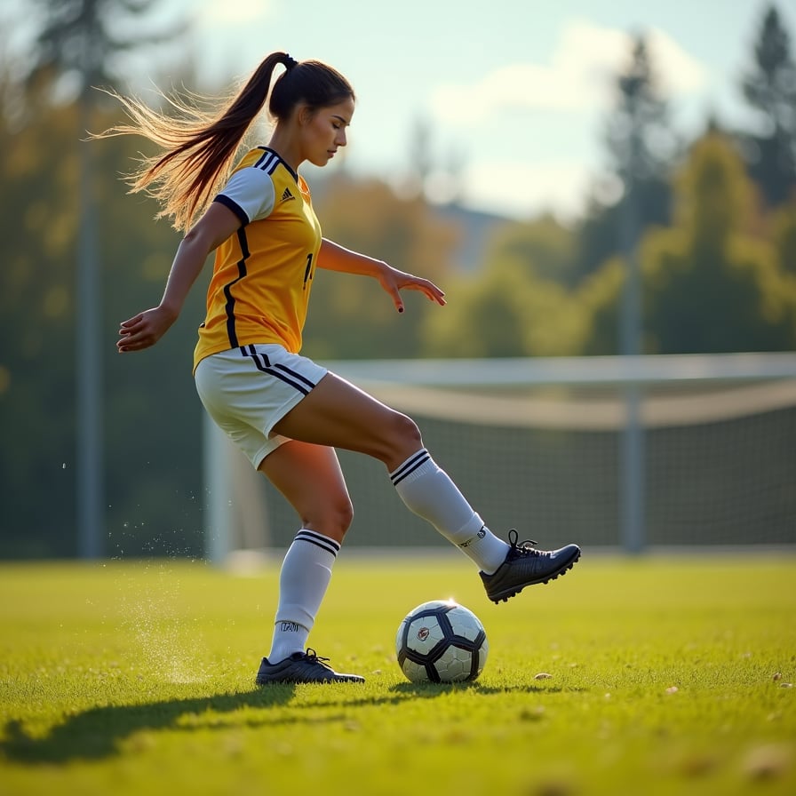 woman in athletic wear, long ponytail, focused expression, taking a corner kick on a sunny day, green grass and goalposts in the background, dynamic pose with one leg bent and the other extended, ball flying through the air