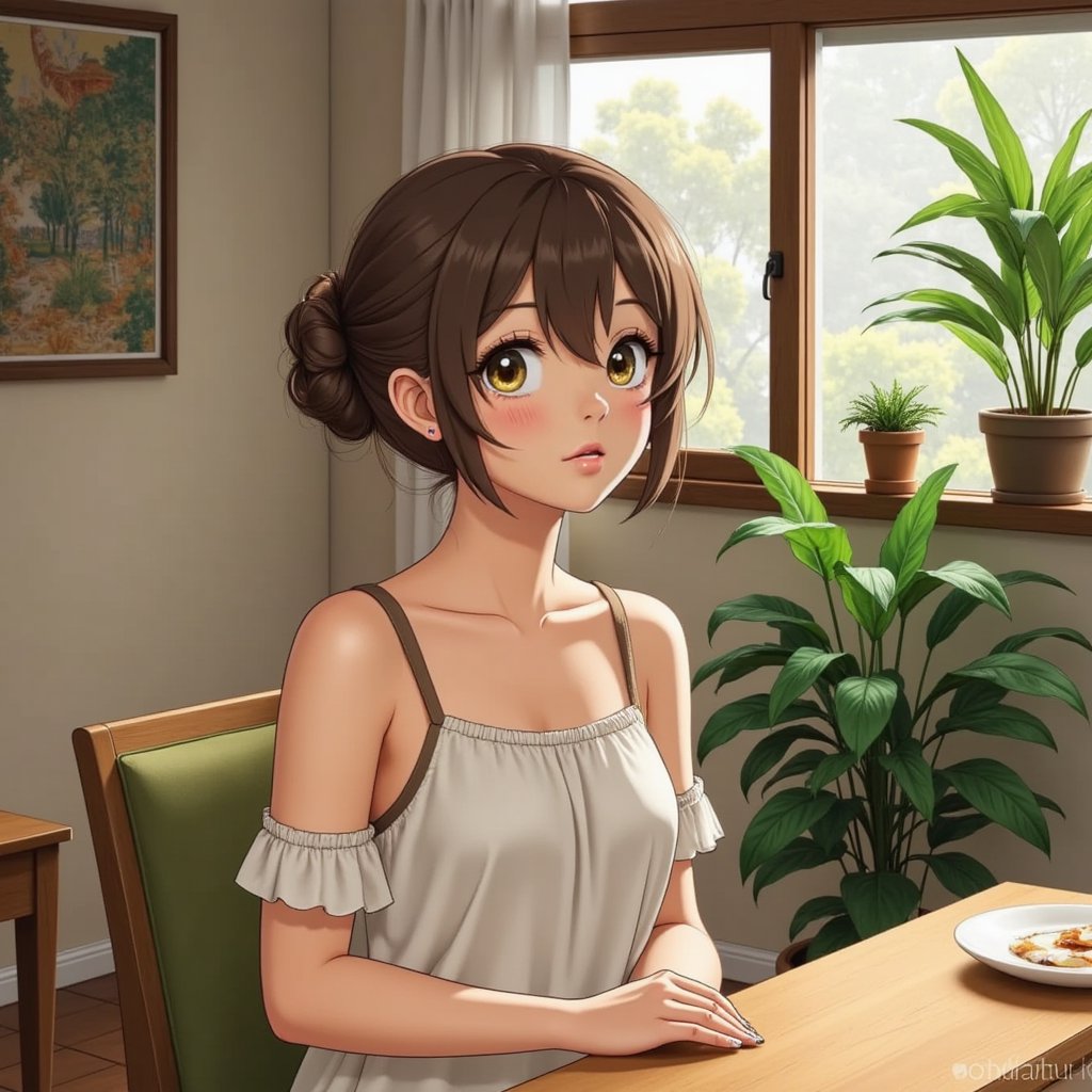 Medium to wide shot of a woman, relaxed pose, front camera perspective. Styled in Studio Ghibli’s signature anime look with soft colors, painterly details, and subtle facial expressions. The overall vibe is cozy, storybook-like, and reminiscent of classic animated films.