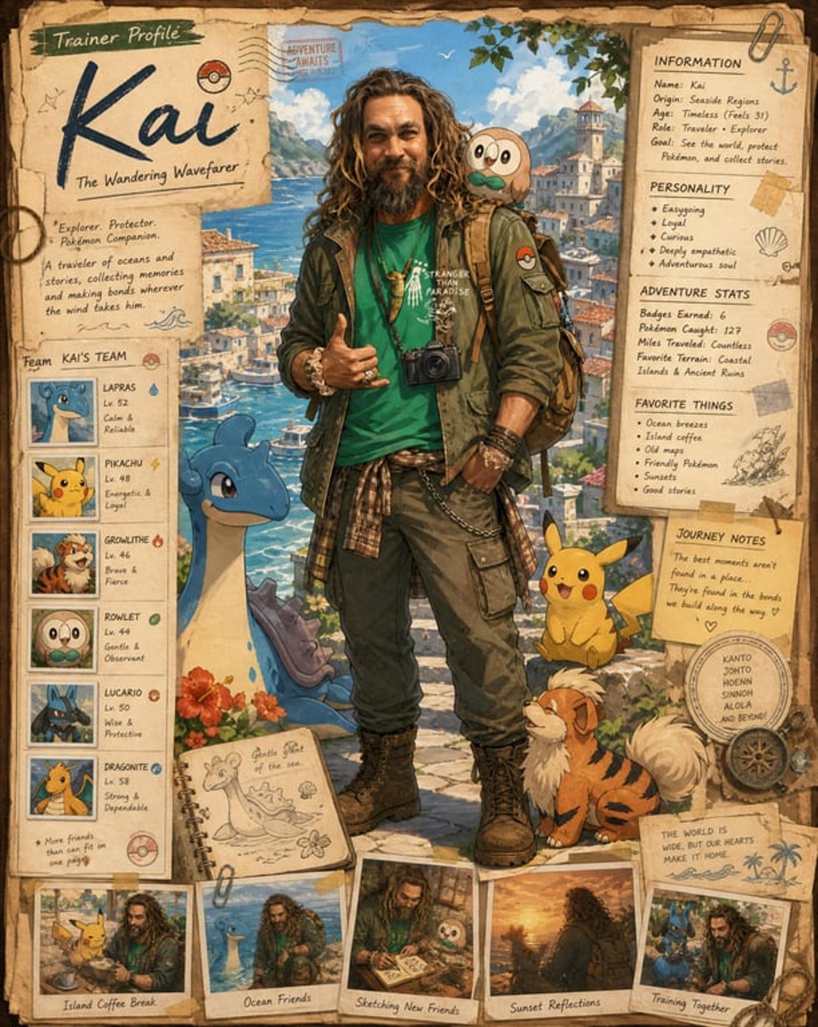 Use the uploaded reference image as the exact identity for the main trainer character. Preserve the person’s facial structure, hairstyle, skin tone, expression style, body type, and overall likeness while transforming them into a beautifully illustrated anime-inspired Pokémon trainer poster in a nostalgic adventure-journal aesthetic.

Create a full highly detailed vertical composition designed like a handcrafted Pokémon trainer profile scrapbook page mixed with vintage travel journal art and official Pokémon concept artwork. The final image should feel like a premium collector’s character profile card from a cozy fantasy Pokémon world.

STYLE & ART DIRECTION:

Soft painterly anime illustration
Pokémon official artwork inspired rendering
Hand-painted watercolor + ink line aesthetic
Warm nostalgic storybook tones
Detailed environmental storytelling
Vintage paper textures, taped notes, stickers, stamps, handwritten annotations
Ghibli-like warmth mixed with modern Pokémon promotional art
Extremely detailed but visually clean composition
Rich adventure atmosphere
Cozy slice-of-life fantasy mood
Soft sunlight and cinematic environmental lighting
Highly expressive but natural posing

MAIN CHARACTER:
Transform the reference person into a Pokémon trainer adventurer/traveler while keeping the exact likeness recognizable.

Casual layered adventure outfit
Stylish jacket over graphic shirt
Backpack with travel accessories
Camera hanging from shoulder or neck
Relaxed friendly pose
Confident warm smile
Anime stylization while preserving identity
Slight windswept hair
Natural anatomy and proportions
Fashionable modern Pokémon trainer aesthetic

COMPOSITION:
The page should be designed like a complete trainer profile sheet.

Include:

Large central full-body illustration of the trainer
Multiple Pokémon surrounding the character naturally
Decorative trainer information panels
Vintage scrapbook borders
Handwritten notes and adventure annotations
Polaroid-style snapshots around the edges
Pokémon team cards on one side
Small travel sketches and doodles
Decorative stamps, clips, tape pieces, map textures
Notebook/journal design language
Soft aged parchment paper background
Tiny environmental storytelling details everywhere

BACKGROUND:
Create a beautiful coastal fantasy Pokémon town inspired by:

Mediterranean harbor scenery
Blue ocean water
Sunny skies
Stone buildings
Adventure-world atmosphere
Peaceful vacation vibe
Pokémon-world architecture
Lush greenery and flowers
Soft clouds and distant mountains

POKÉMON INTERACTION:
The Pokémon should interact naturally with the trainer:

Sitting beside them
Looking at camera
Resting on shoulder
Playing around feet
Dynamic but cozy interaction
Natural emotional chemistry

LAYOUT DETAILS:
Top section:

Large handwritten trainer name
“Trainer Profile” heading
Decorative paper labels

Right-side panel:

Character bio stats
Adventure information
Personality traits
Journey notes
Favorite things
Pokémon seen/caught stats

Bottom section:

Small cinematic snapshot panels
Slice-of-life moments
Coffee shop scene
Sketching Pokémon
Watching sunset
Training together
Quiet emotional travel moments

VISUAL QUALITY:

Ultra detailed
Sharp illustration quality
Professional anime poster composition
Dense layered details
Rich textures
High visual readability
Premium collectible card feel
Beautiful typography integration
Magical cozy fantasy atmosphere
Balanced composition with no clutter

COLOR PALETTE:

Warm beige paper tones
Ocean blues
Soft greens
Warm sunlight golds
Natural earthy colors
Slight vintage fading

NEGATIVE PROMPTS:
low detail, bad anatomy, distorted face, extra limbs, messy composition, blurry text, photorealism, 3D render, low quality anime, oversaturated colors, ugly hands, random Pokémon placement, chaotic layout, modern UI elements, futuristic sci-fi style, dark horror mood, cluttered design, inaccurate facial likeness, stiff pose, flat lighting, generic character design.