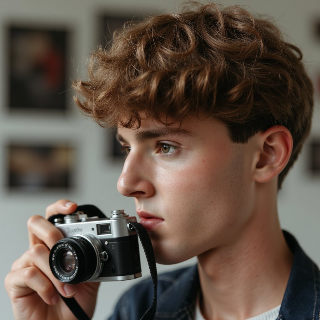 Stylized headshot of a photographer in action, mid-click with camera raised, blurred background, focus on intent gaze and posture, celebrating World Photography Day