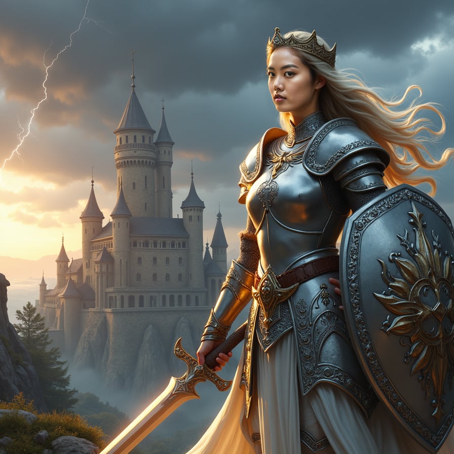 woman in polished silver armor, adorned with intricate engravings, holding a mighty sword and emblazoned shield, with a resolute and fearless expression, under a turbulent, dark grey sky with flashes of lightning, set against a distant backdrop of a majestic medieval castle with towering spires and ancient stone walls.