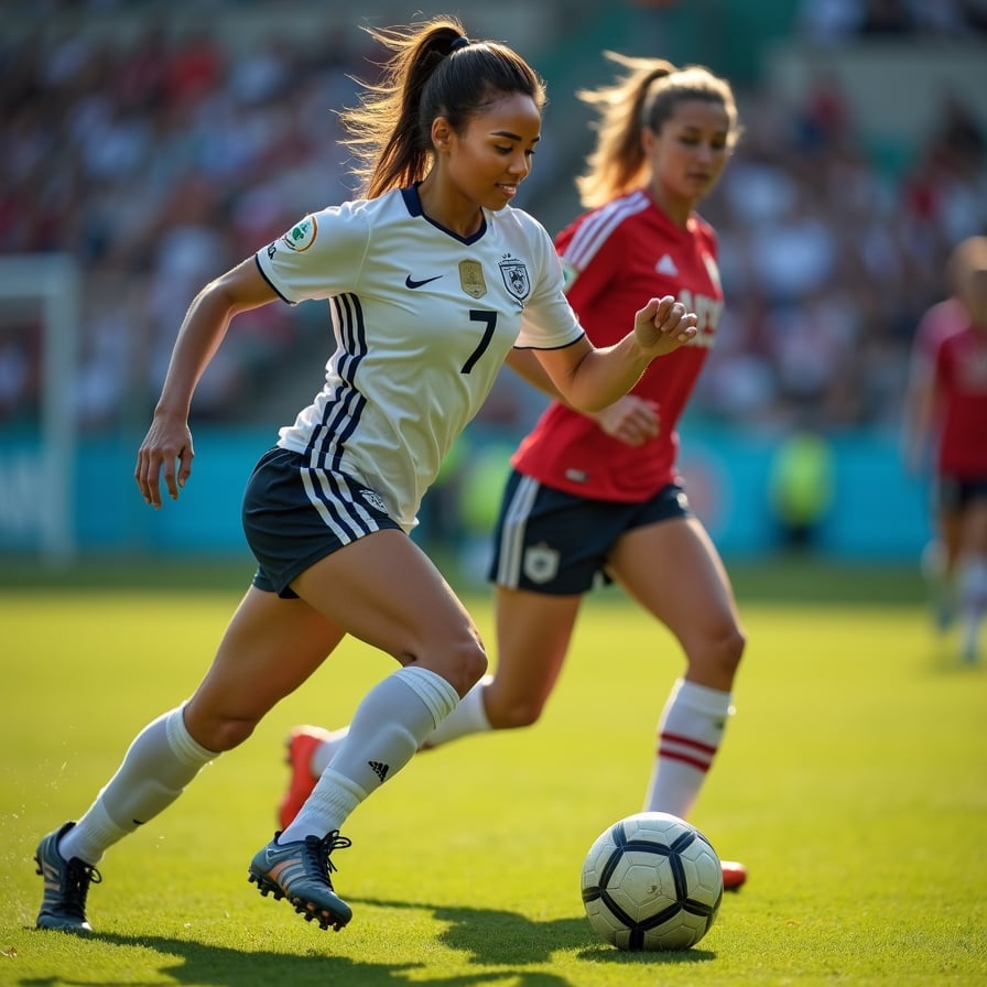 woman in dynamic action, tackling and dribbling a football away from an opponent, wearing a sleek athletic jersey and shorts, under the bright lights of a stadium, with a blurred background of cheering fans and lush green grass.