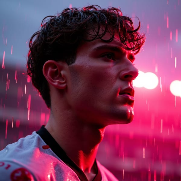 Close-up headshot of a player under neon-lit rain with water droplets on face, motion blur in background, hyper-detailed rendering — EA SPORTS FC next-gen look