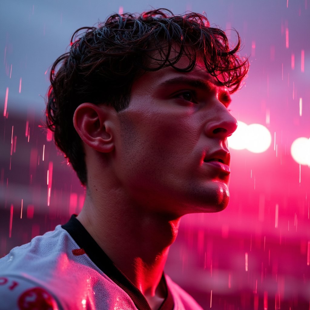 Close-up headshot of a player under neon-lit rain with water droplets on face, motion blur in background, hyper-detailed rendering — EA SPORTS FC next-gen look