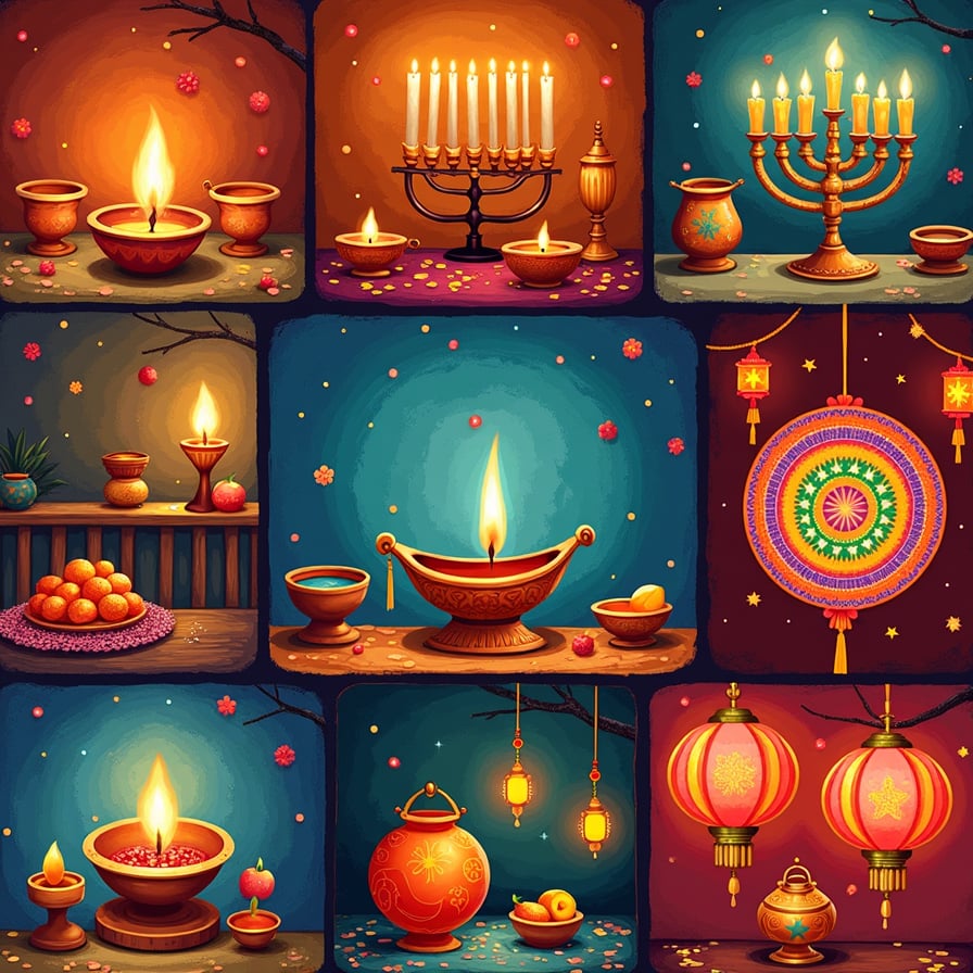 A vibrant collage of global holiday celebrations: Diwali lamps glowing brightly, a Hanukkah menorah with lit candles, a colorful Kwanzaa kinara, and Chinese New Year lanterns. Each tradition is displayed with cultural artifacts, fabrics, and symbolic colors.