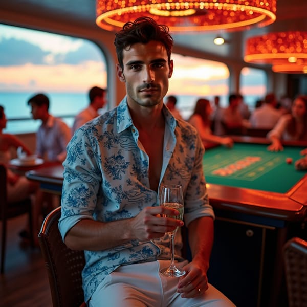 Casino Night: The model is in the ship’s casino, printed  dress in glamorous evening wear. he’s playing a game at the casino table or mingling with other guests, with the vibrant, sophisticated atmosphere of the casino adding to the scene.