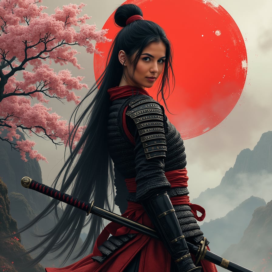 Japanese samurai girl in traditional armor, posing confidently with a katana sword, hint of determination in her eyes, against a dramatic, misty Japanese landscape background with cherry blossom trees.