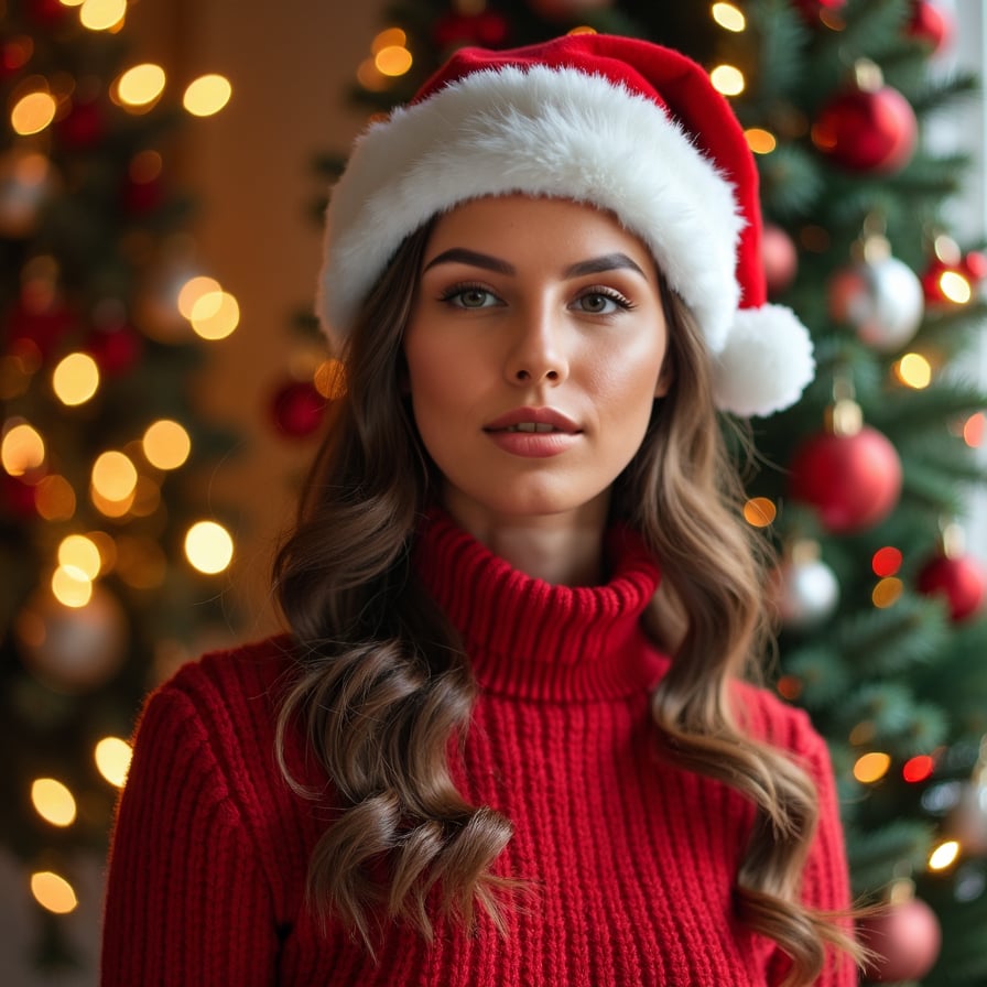 Woman wearing red outfit for Christmas AI standing against decorated Christmas tree backdrop generated by AI Christmas Photo Generator.