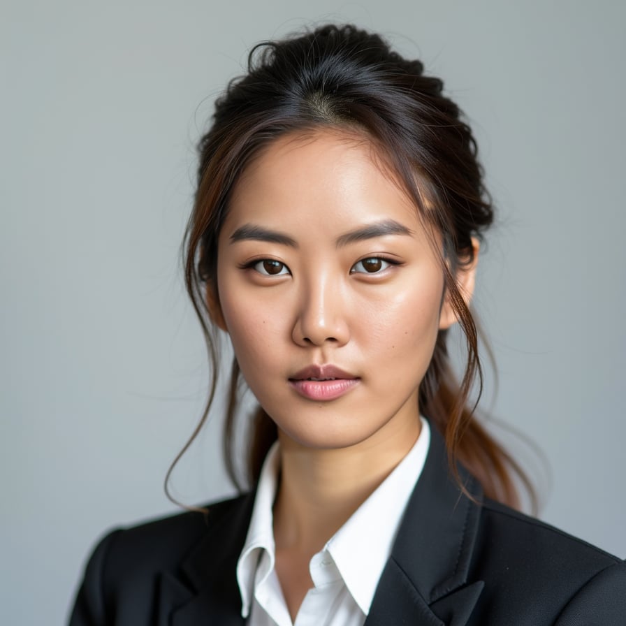 A passport-size photo of a professionally dressed individual, wearing a collared shirt and blazer. The background is plain light gray, the subject is centered and looking directly at the camera with a neutral expression. Lighting is balanced with no shadows or reflections