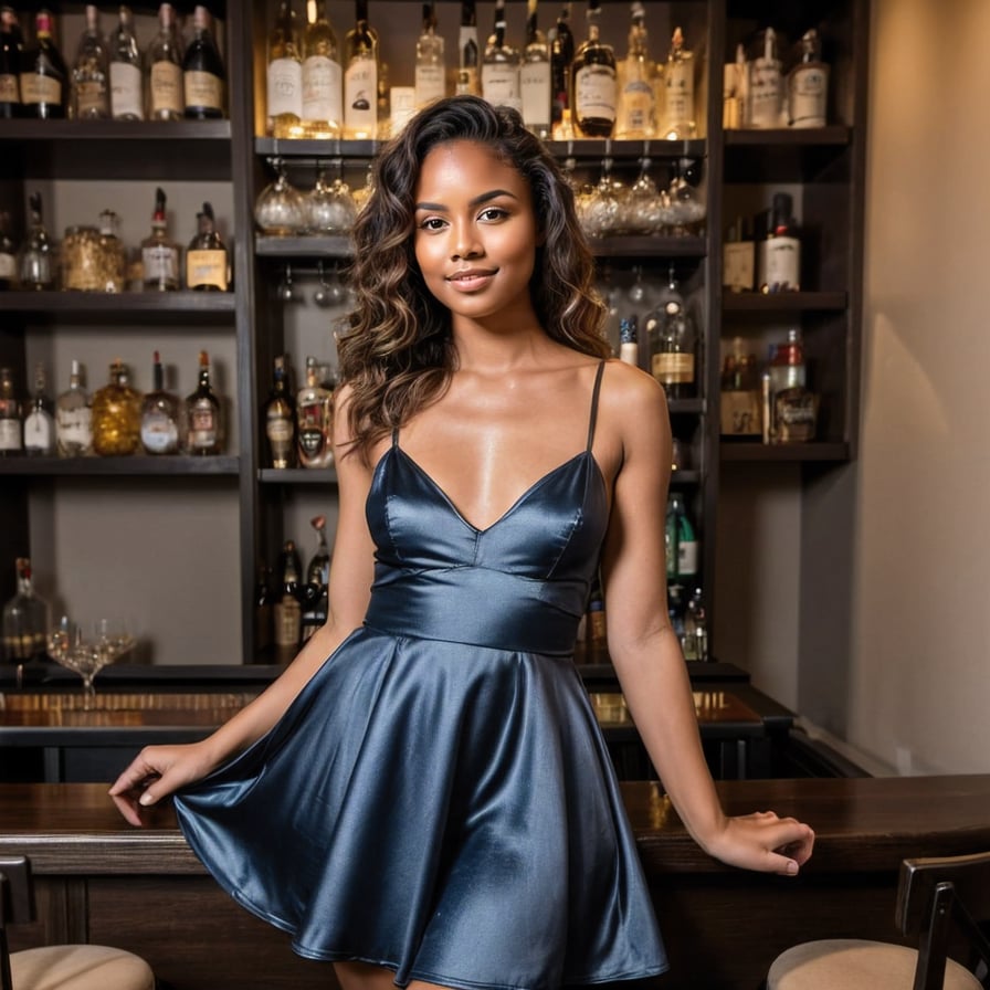 Stunning woman in bar, short dress, dark, sultry setting.