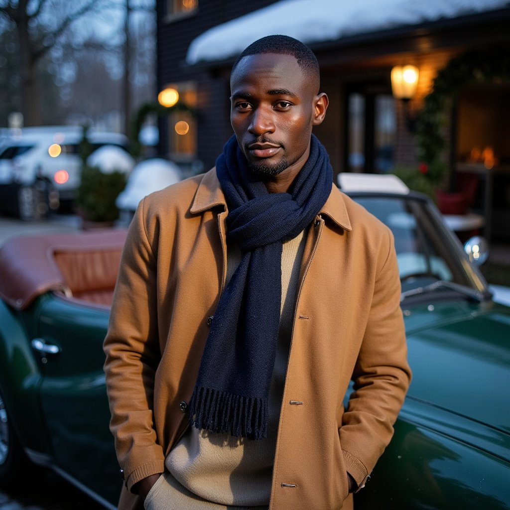 Man leaning against a deep-green vintage convertible parked near a pine-lined driveway, subtle snowfall. Hairstyle: slicked back with matte finish, short beard trimmed. Attire: camel wool coat, navy cashmere scarf. Fabric details: crisp wool texture, fine cashmere fibers. Camera: slightly low angle, 35mm, f/2.0 for cinematic perspective. Lighting: cool blue dusk ambient + warm reflection from nearby holiday lights. Background: blurred evergreen garlands wrapped around lampposts, faint glow of mansion windows. Pose: relaxed, one hand in pocket, the other on car edge. Render: highly detailed, highly realistic, HDR; reflections visible on coat buttons and car chrome.
