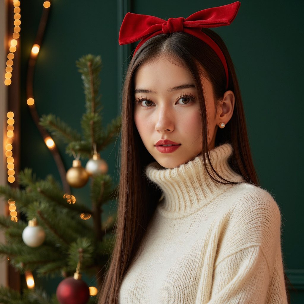 Tight headshot of a woman three-quarters to camera, shoulders relaxed, eyes to lens, soft closed-lip smile. She wears a cream angora crewneck (fine fuzzy fibers visible) and a wide red velvet hair bow at the crown; tiny pearl studs. Hair: straight, sleek, center part; ends softly beveled. Makeup: classic holiday—sheer dewy base, blue-red satin lipstick, subtle rose blush. Lighting: clamshell beauty light (softbox high front + reflector below) with a faint edge light to sculpt hair bow texture. Background: matte forest-green seamless with a dim out-of-focus garland stripe; minimal clutter. Camera: 100mm macro portrait, f/2.8 for razor-sharp eyes and fabric grain; highly detailed, highly realistic, HDR; velvet pile and angora fibers clear; still, elegant.