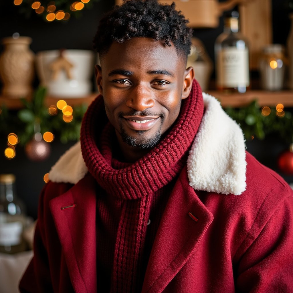 Waist-up portrait of a man in a playful Santa-inspired character look, standing slightly turned to the camera with a cheerful but calm expression (no motion). He wears a rich red coat-style sweater with white faux-fur trim on the collar, and a deep-red knit scarf layered neatly; fabric textures highly visible. Hair: slightly messy waves; light beard groomed for a festive look.
Lighting: warm Santa-workshop–style lighting—key light from the left giving soft highlights and a warm glow, subtle golden rim light adding definition.
Background: blurred holiday workshop touches—tiny warm lights, wood textures, soft greens and reds; clean composition, controlled bokeh.
Camera: 50mm f/1.6; highly realistic, highly detailed, HDR, showing fur edges, scarf stitching, and natural skin texture.