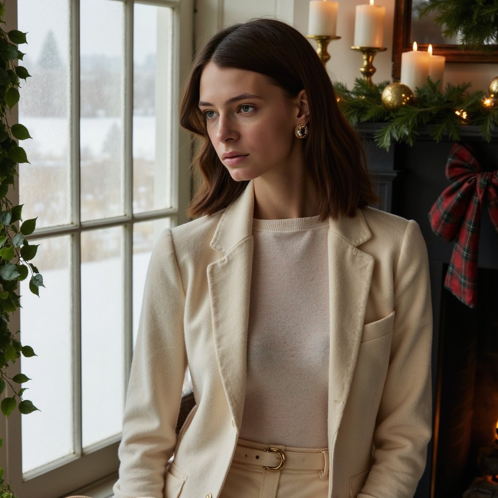 A woman seated beside tall frosted glass windows framed by ivy garlands, bathed in gentle winter sunlight. Hairstyle: loose, natural waves tucked behind ears. Attire: cream cashmere sweater with a ribbed high collar; gold hoop earrings. Fabric details: cashmere fuzz detail, rib texture, subtle weave. Camera: eye-level, 85mm, f/1.8. Lighting: soft morning light key with faint back rim from window glow. Background: blurred greenery and pale sky through glass; minimal clutter, calm and airy. Pose: gazing down slightly, serene expression, hands out of frame.
Render: highly detailed, highly realistic, HDR; delicate hair flyaways, natural skin tone, tactile knit detail.