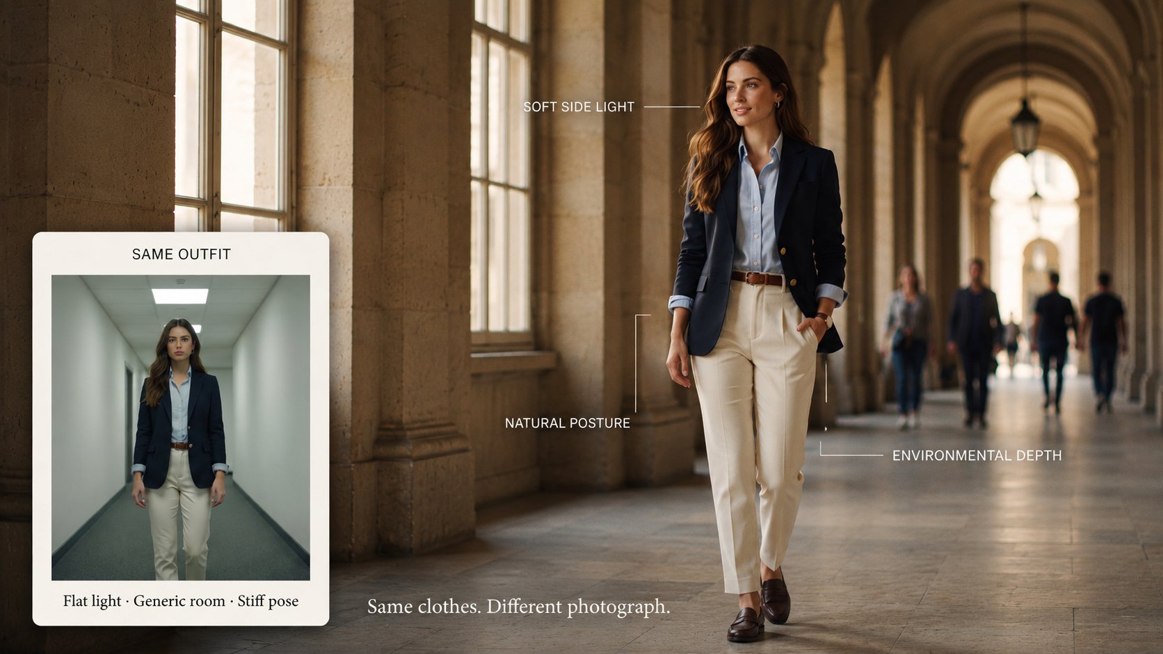 Same navy outfit photographed in flat light and again in soft directional light