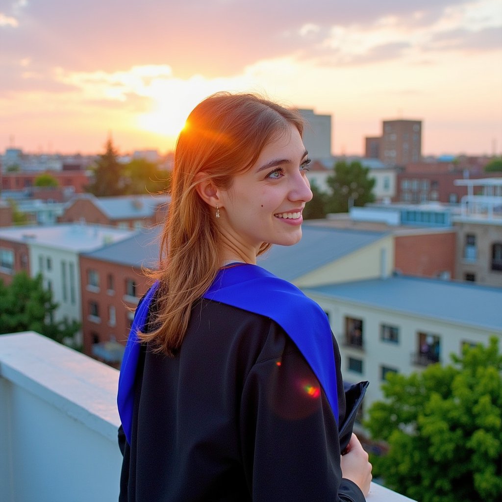 Waist-up portrait of a woman graduate on a campus rooftop overlooking a city skyline at sunset; soft warm light hitting her profile; she wears a black gown, royal-blue satin stole, mortarboard removed and held loosely in one hand near her waist; hair in soft low ponytail, strands catching backlight; camera at 45° angle to her left side, 105 mm lens, f/2, golden-hour lighting; background: blurred orange-pink sky, silhouetted buildings, subtle lens flare; rich details: fabric highlights, rim light around hair, realistic shadow gradients; serene cinematic mood, highly detailed, highly realistic, HDR.
