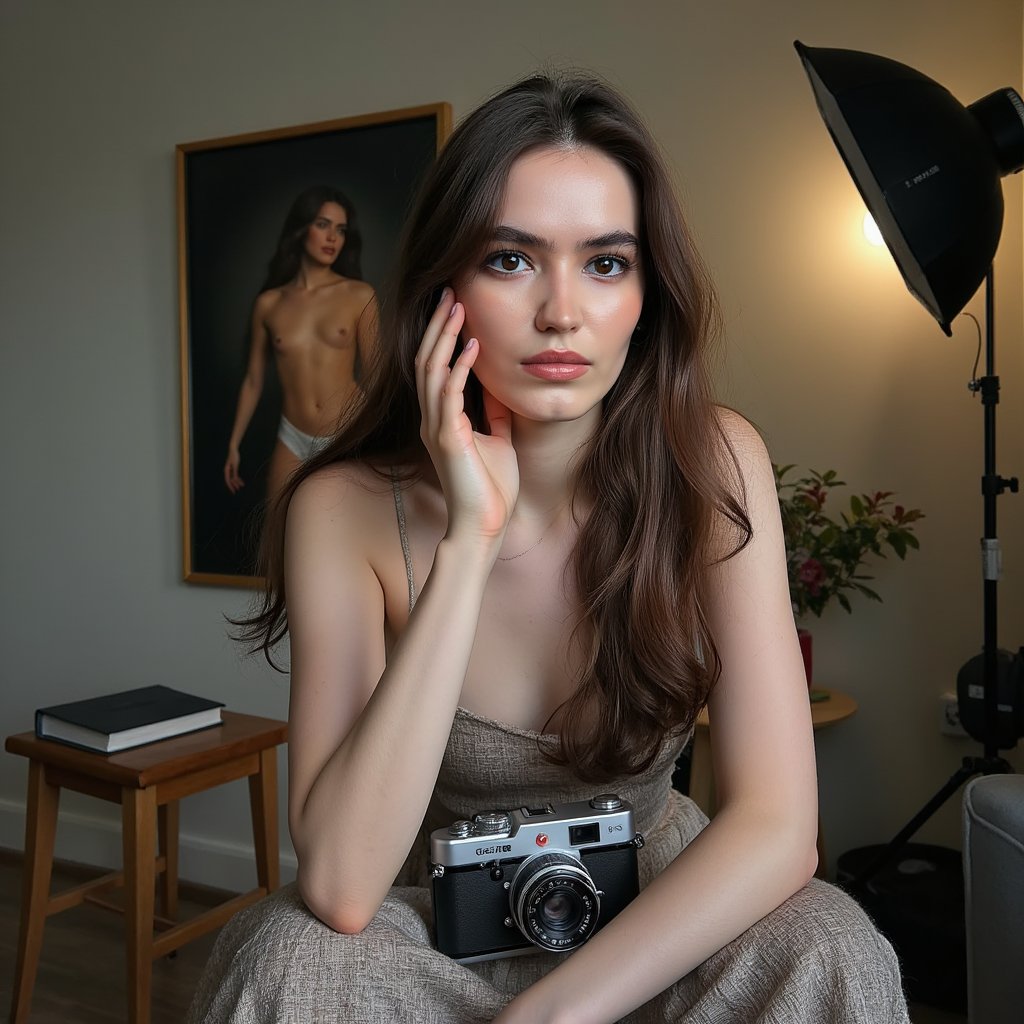 Portrait of a creative woman sitting on a stool with a camera in lap, softbox lighting, editorial-style framing, subtle smile, shot for World Photography Day
