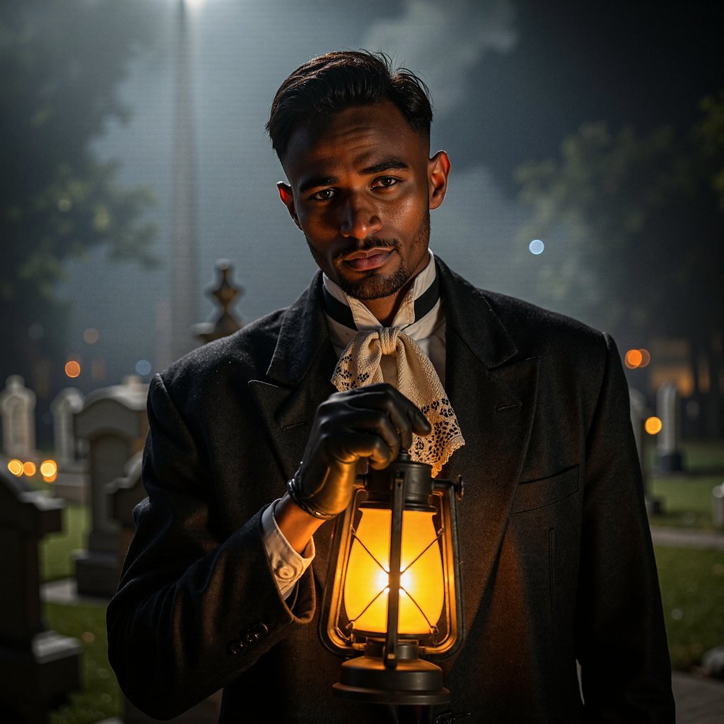 Medium-wide shot at chest height, 35 mm, f/2.2, ISO 640, 1/80 s. Main light: a lantern in his hands casting warm upward glow on his pale face and antique lace cravat, while his charcoal suit remains mostly in cool moonlight shadow. The lantern’s light fades quickly, leaving his legs and ground dimly visible through drifting fog. Moonlight from above creates a faint halo on surrounding gravestones. Focus is sharp on his face and gloves; background softened by atmospheric haze. Highly detailed, highly realistic, HDR.