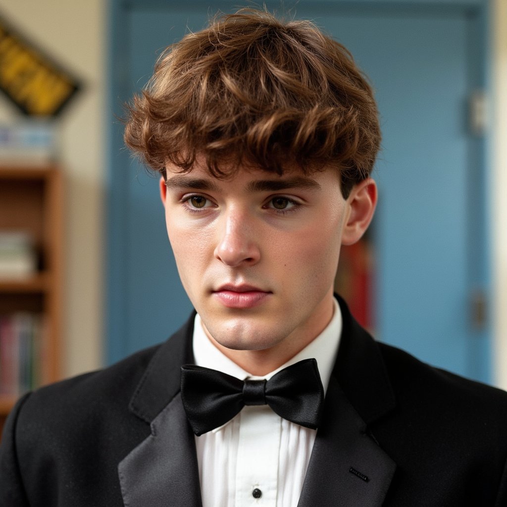 Extremely realistic 1960s male yearbook portrait in studio, shot at medium-close range (shoulders and face) with a shallow depth of field. Subject wears a classic black tuxedo with satin peak lapels and a hand-tied bow tie, crisp white dress shirt with a subtle vertical stripe pattern visible in high resolution. The tuxedo fabric reveals a matte wool finish with faint microfibers visible around the collar. His short, side-parted hair is combed back with a modest pomade shine, individual hair strands distinct near the forehead. Skin shows light peach fuzz and natural skin texture with visible pores on the nose and a slight crease beside the smile lines. Expression is soft, lips gently closed, gaze slightly off-camera with a calm intensity. Lighting is studio-based 3-point, with a key light casting smooth gradient shadows beneath the jawline and collar, and a rim light separating him from the muted blue muslin backdrop. Background is softly mottled and fades gently toward the edges for a vintage effect.