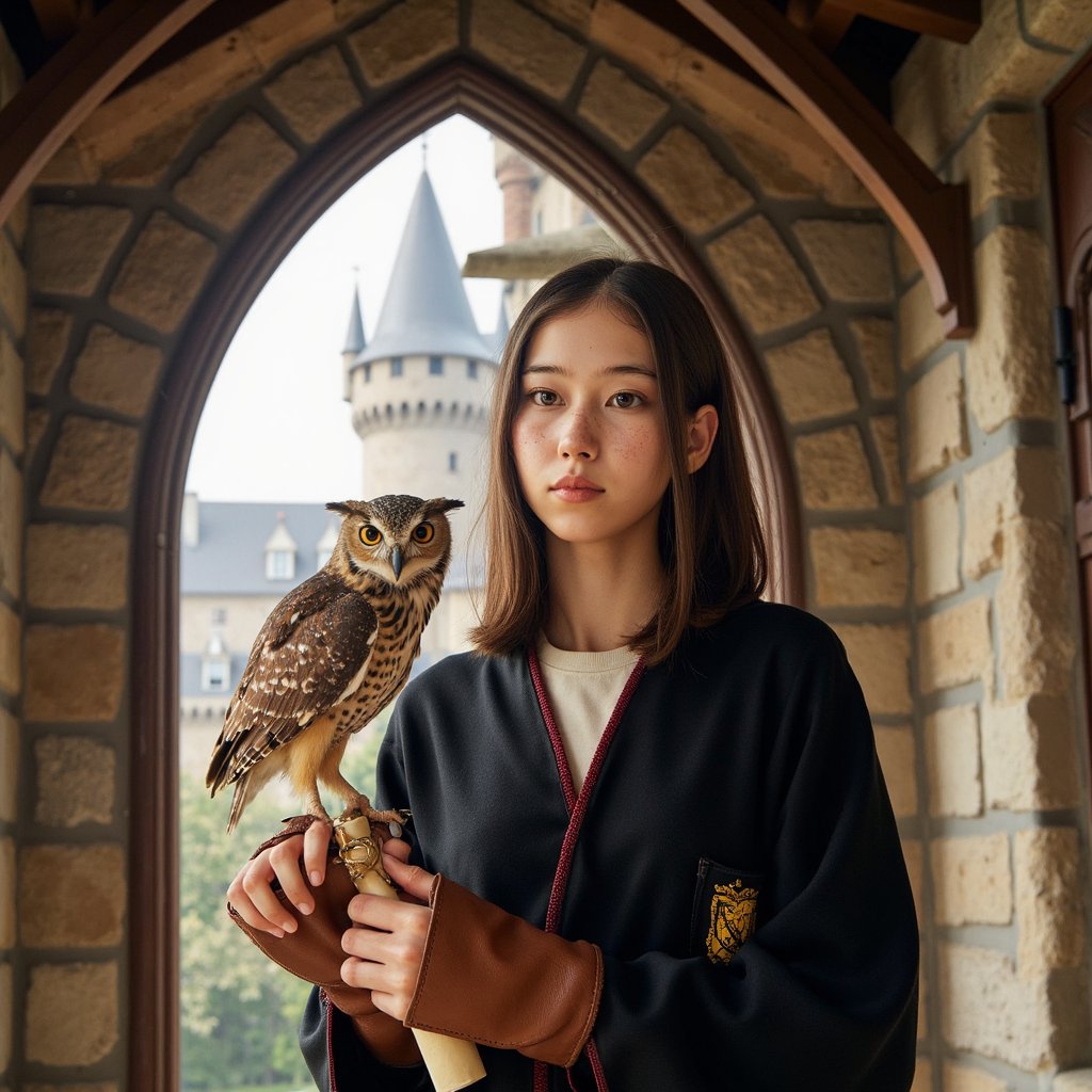 Highly realistic, ultra-detailed HDR portrait of a 15-year-old female Hogwarts student with light beige skin, light freckles across cheeks, soft brown almond-shaped eyes, and a small, gentle smile. Shoulder-length straight chestnut hair tucked neatly behind both ears, a few strands catching the light. Wearing a thick black wool Hogwarts robe with Gryffindor trim (red-and-gold threading visible, slightly frayed in places) over a cream cotton shirt. Pose: left arm bent upward, supporting a tawny owl perched on a brown leather falconry glove (visible creases and stitching in the glove), right hand delicately untying a parchment scroll from the owl’s leg. Camera: Canon EOS R5, 85mm f/2 prime lens, aperture f/2, shot at eye level for balanced perspective. Lighting: warm morning sunlight (4500K) streaming in from the left, casting gentle highlights on subject and owl feathers; faint cool fill from the right to balance contrast; catchlights visible in both human and owl eyes. Background: blurred wooden rafters and beams above, soft depth with no distracting elements.
