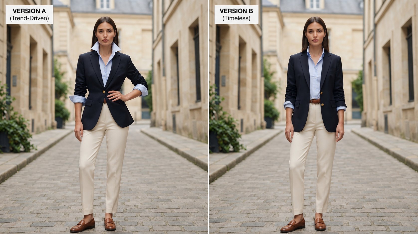Same navy outfit comparing fashion-editorial styling to a more natural, relaxed presentation