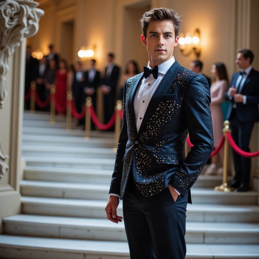 A futuristic tuxedo with metallic textures and LED accents, inspired by cyberpunk fashion, worn by a confident male model on the Met Gala red carpet.
