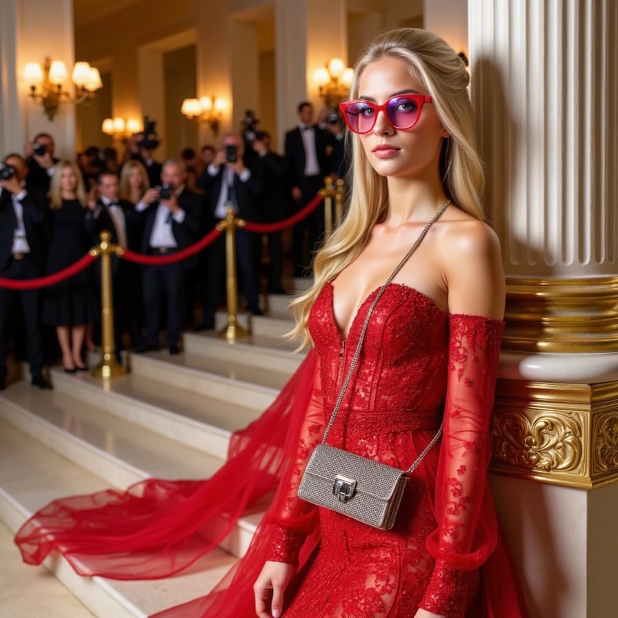A Y2K revival Met Gala look: rhinestone-studded red gown, bedazzled flip phone handbag, and metallic pink sunglasses, blending nostalgia and glam