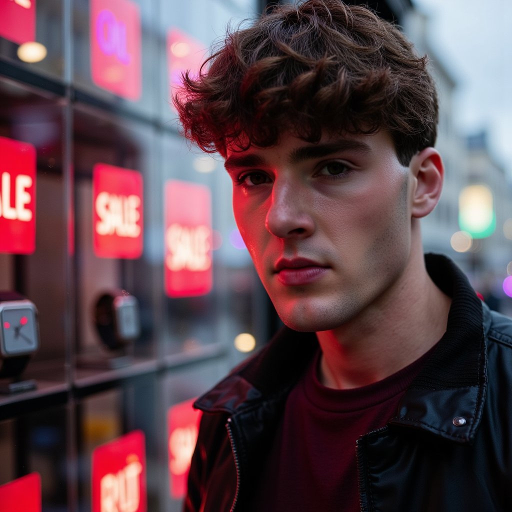 A man (male) close headshot inside an urban outlet, reflected in the glass of a display case showing gadgets and watches with red SALE tags. Hairstyle: side-swept undercut, slightly tousled; grooming: light 2-day beard. Attire: black bomber jacket with nylon sheen and ribbed collar, dark maroon tee visible at neckline. Pose: chin tilted slightly down, focused gaze at reflection; composed, no smile. Camera: 100mm macro-style head crop, eye-level, focus on reflected face. Lighting: magenta and teal neon streaks across face and glass; deep shadows for contrast. Background: abstract neon bokeh of SALE signs; reflective textures only, no clutter. Texture detail: glass smudges, nylon fibers, neon glow edges, subtle stubble. Highly detailed, highly realistic, HDR, high resolution.
